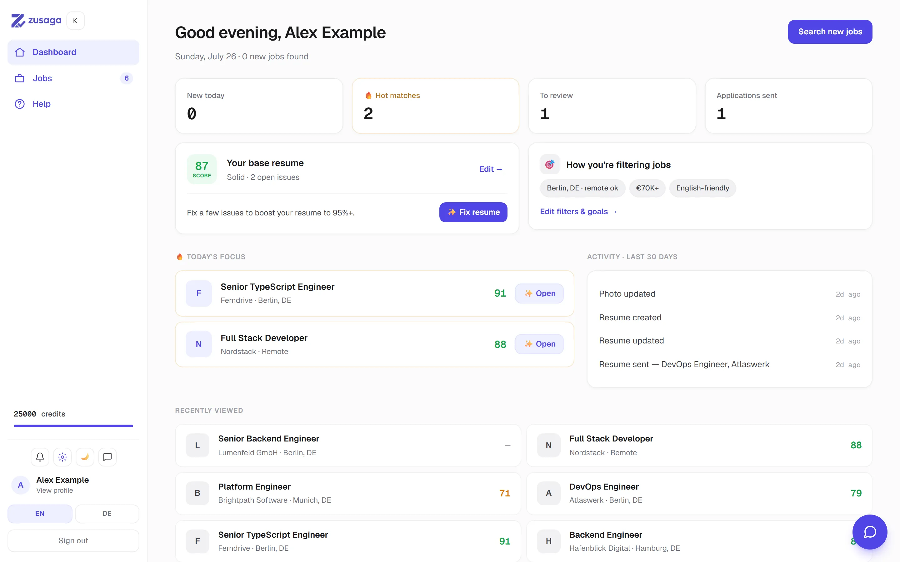The Zusaga dashboard, showing scored job matches and resume status