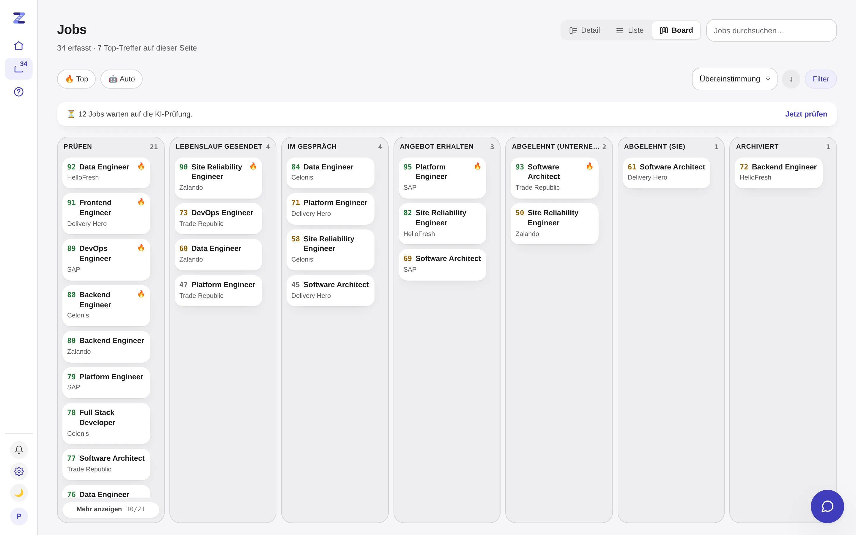 Das Jobs-Board mit bewerteten Stellen in Spalten nach Status: Prüfen, Lebenslauf gesendet, Im Gespräch, Angebot erhalten, Abgelehnt (Unternehmen), Abgelehnt (Sie) und Archiviert.