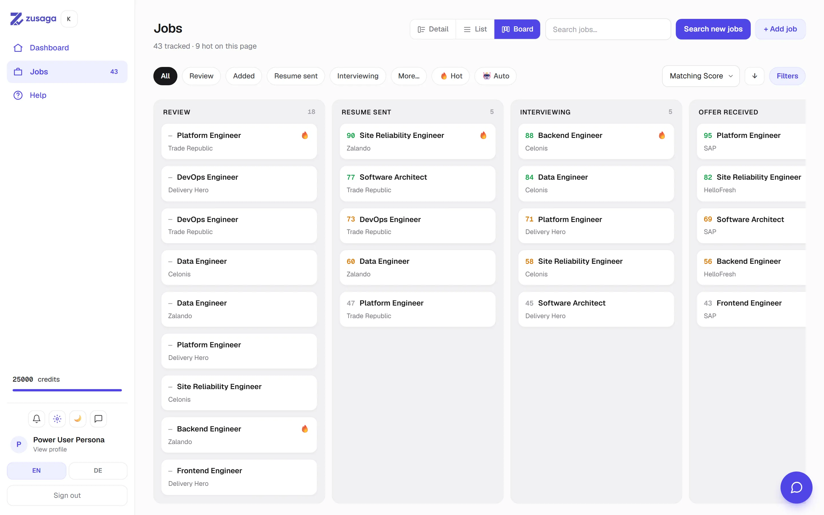 The Zusaga jobs board, with applications grouped by stage