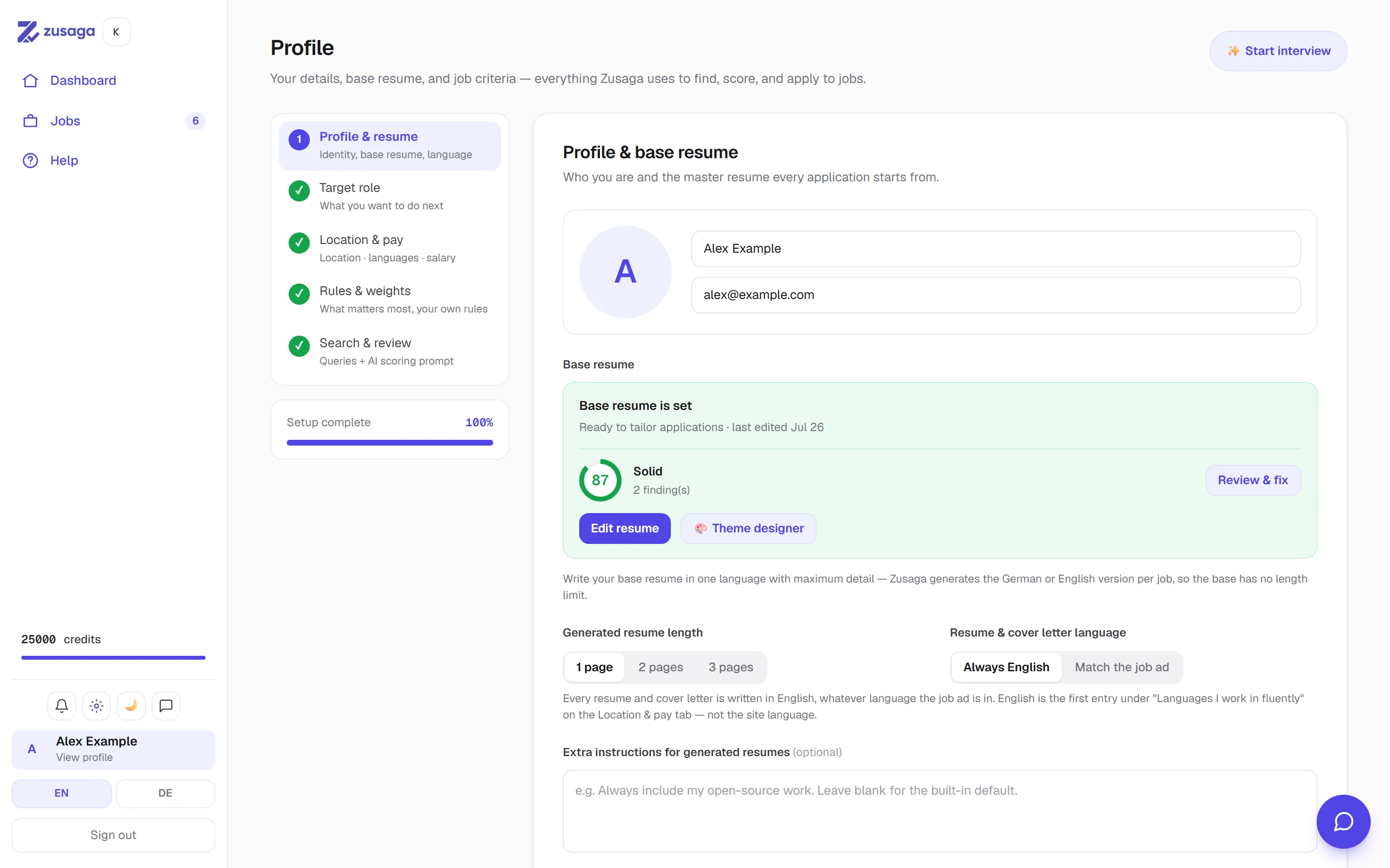 The profile settings with resume length and document language