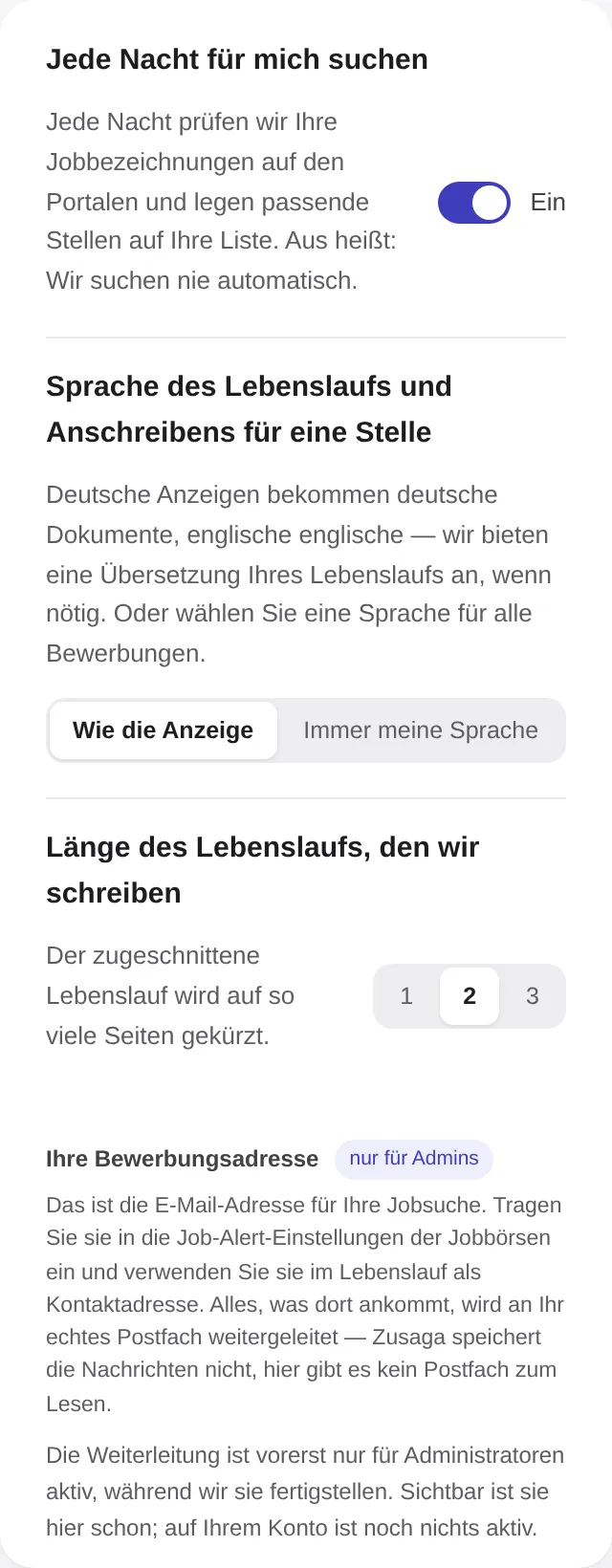 Die Einstellungskarte mit „Jede Nacht für mich suchen“ eingeschaltet und „Länge des Lebenslaufs, den wir schreiben“ auf 2, zur Wahl stehen 1, 2 und 3 Seiten.