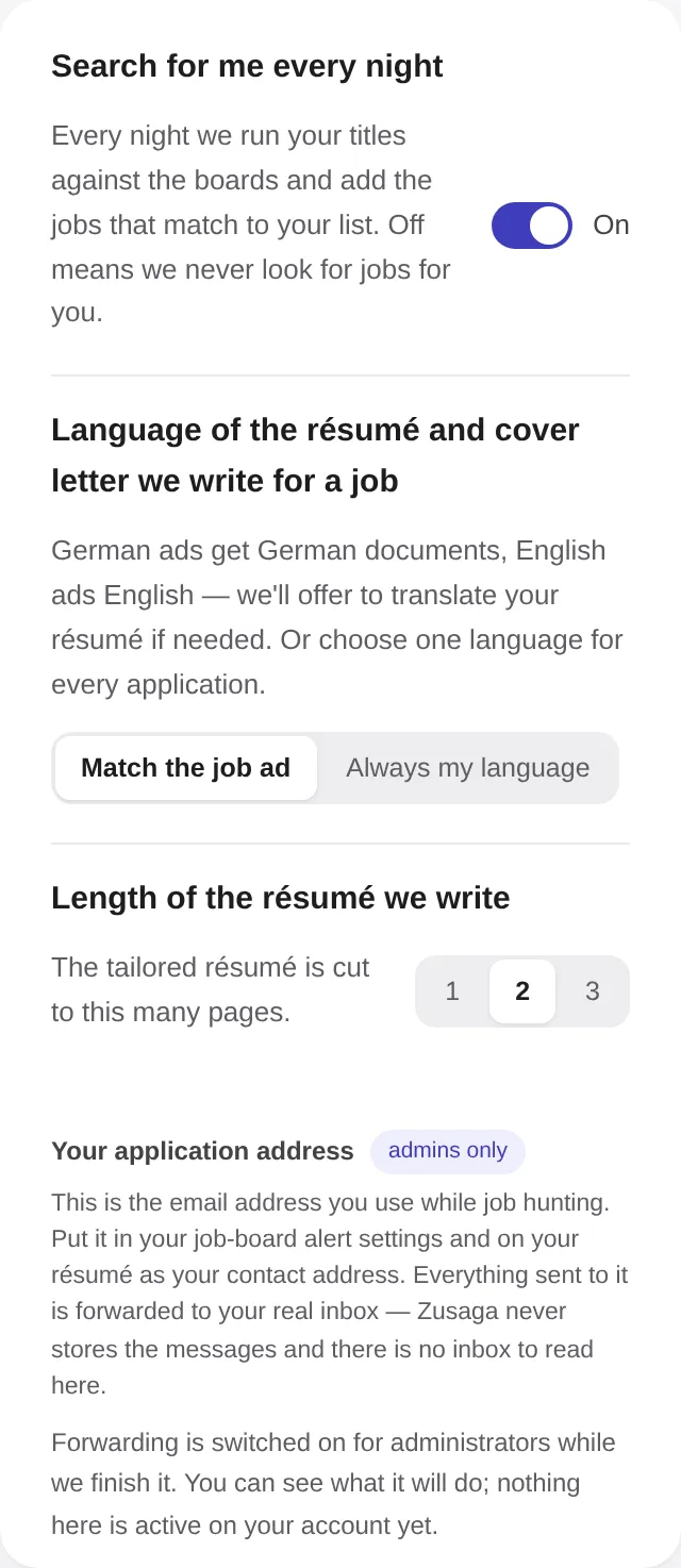 The settings card with "Search for me every night" switched on and "Length of the résumé we write" set to 2, with 1, 2 and 3 pages to choose from.