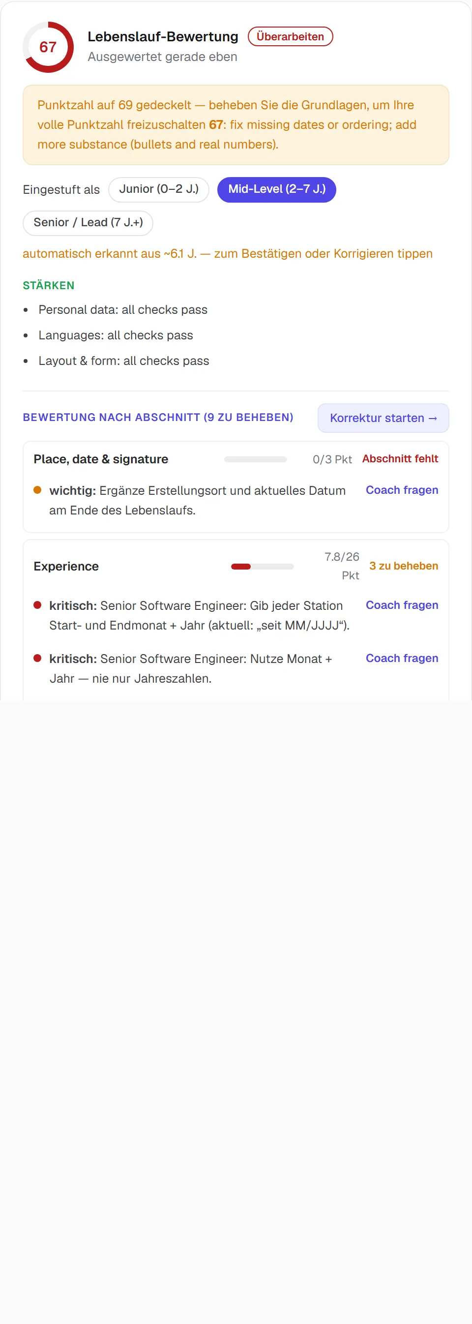 Die Lebenslauf-Analyse mit Score und konkreten Befunden