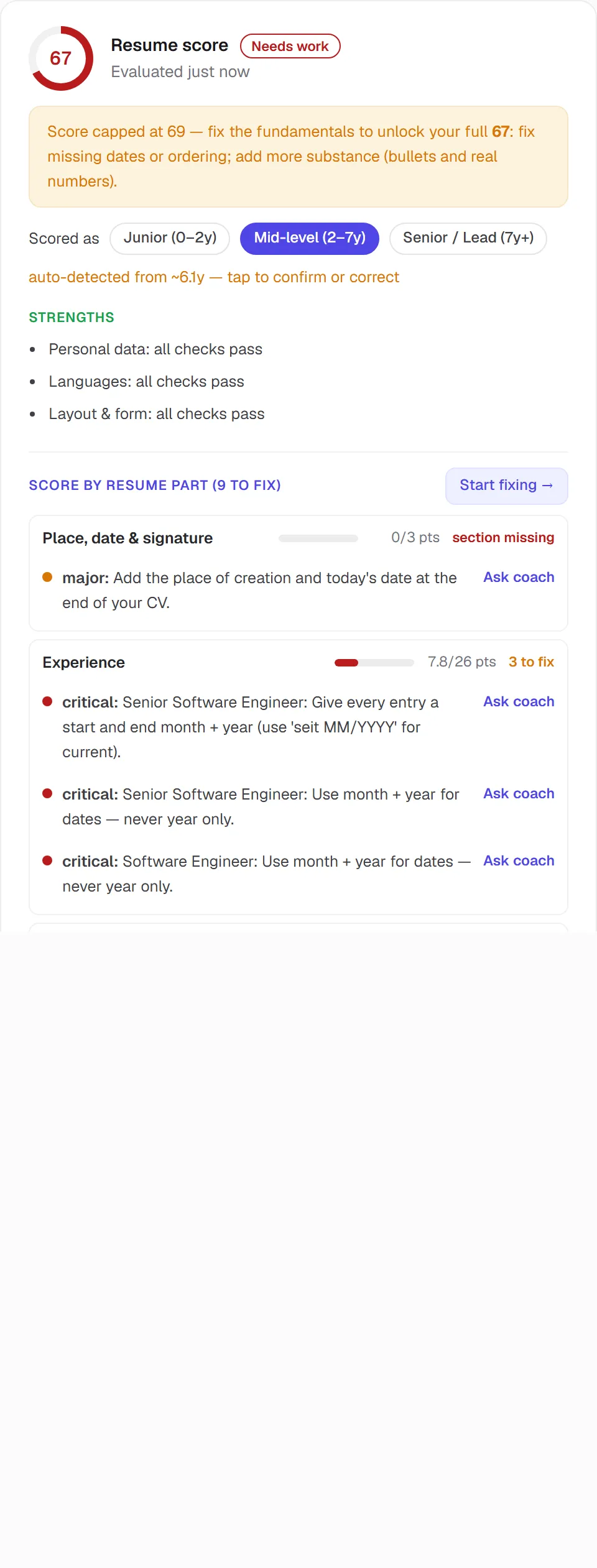 The resume analysis with score and concrete findings