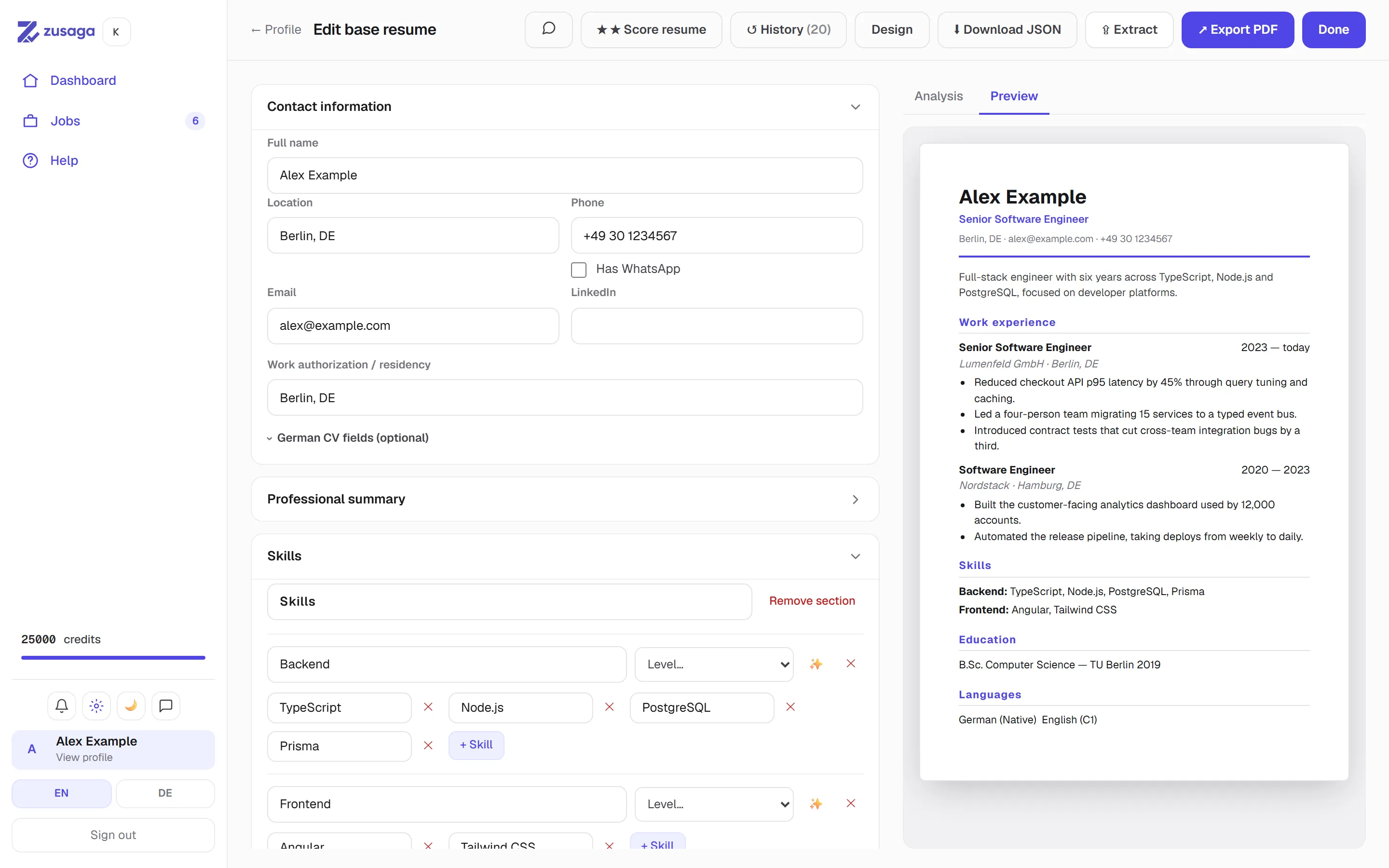 The Zusaga resume editor with a tailored document open