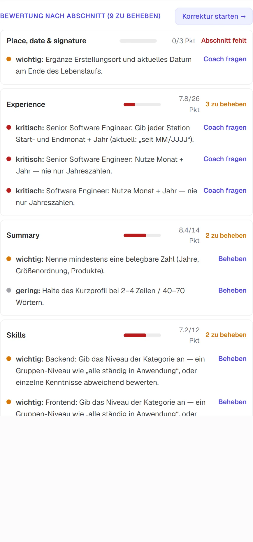Score nach Lebenslauf-Teil mit Befunden und Schweregraden
