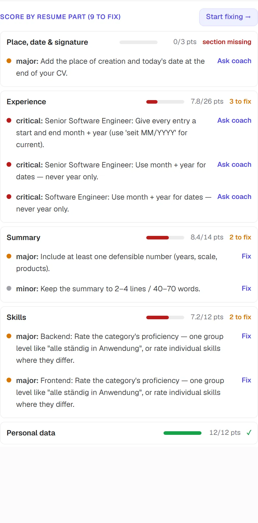 Score by resume part with findings and severity tags