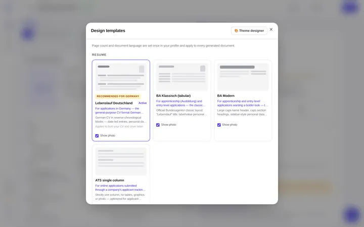 The Design templates window with four resume designs: Lebenslauf Deutschland, marked "Recommended for Germany" and active, then BA Klassisch (tabular), BA Modern and ATS single column.